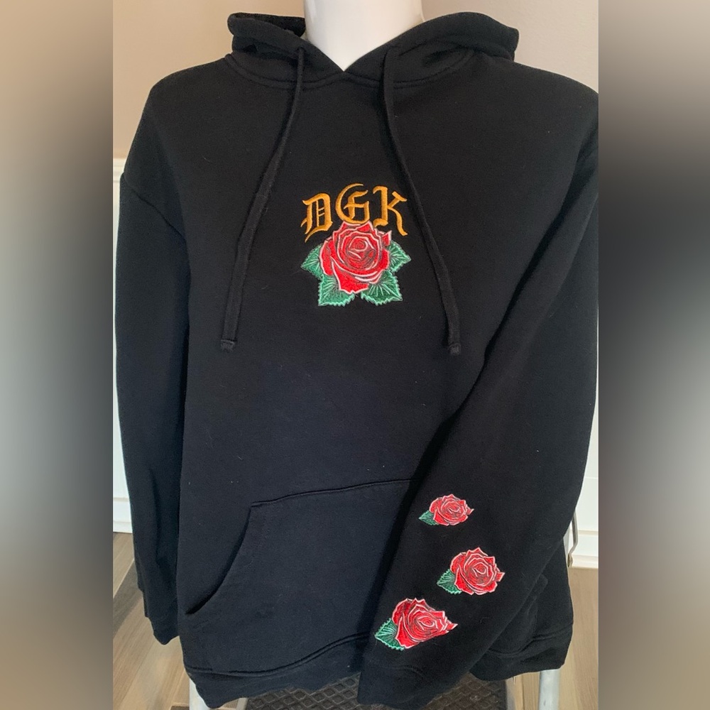 DGK black hoodie with detailed embroidery on sleeves and back. Large.